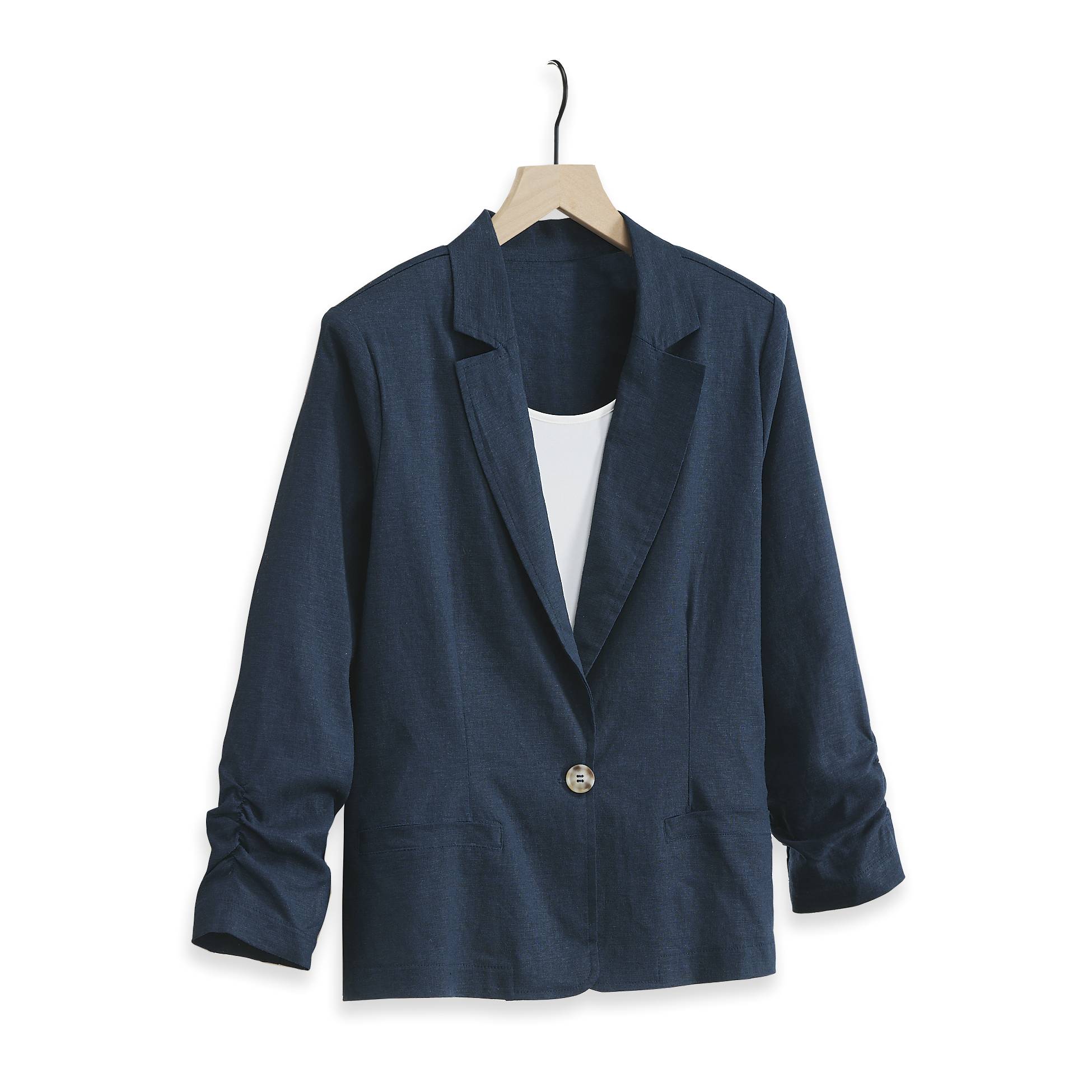 One-Button Linen-Blend Jacket, Open Front, 3/4 Ruched Sleeves - Northstyle Catalog