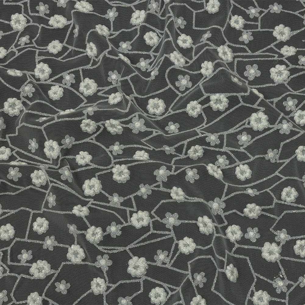 3D Puffy Glitter Tulle - White Flowers and Geometric Stems - Joann Fabrics