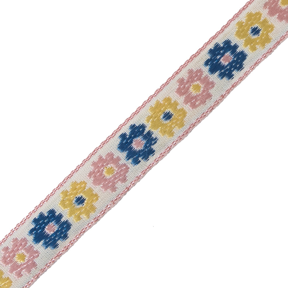 Pink, Yellow and Blue Floral Embroidered Ribbon - 0.5
