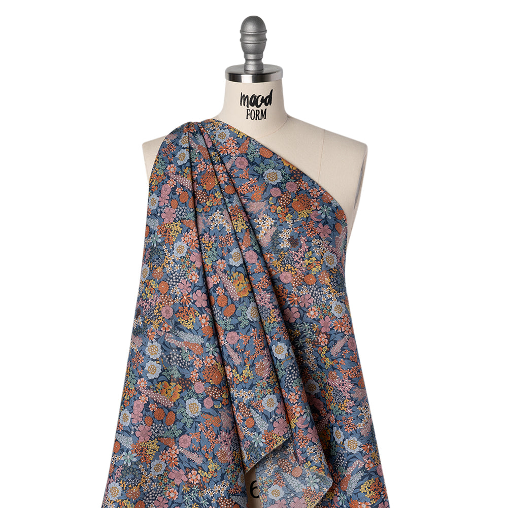Liberty Fabrics Tana Lawn® - Ciara Dark Blue - Muted Blue, Dark Orange and Rose Pink Flower Garden - Joann Fabrics