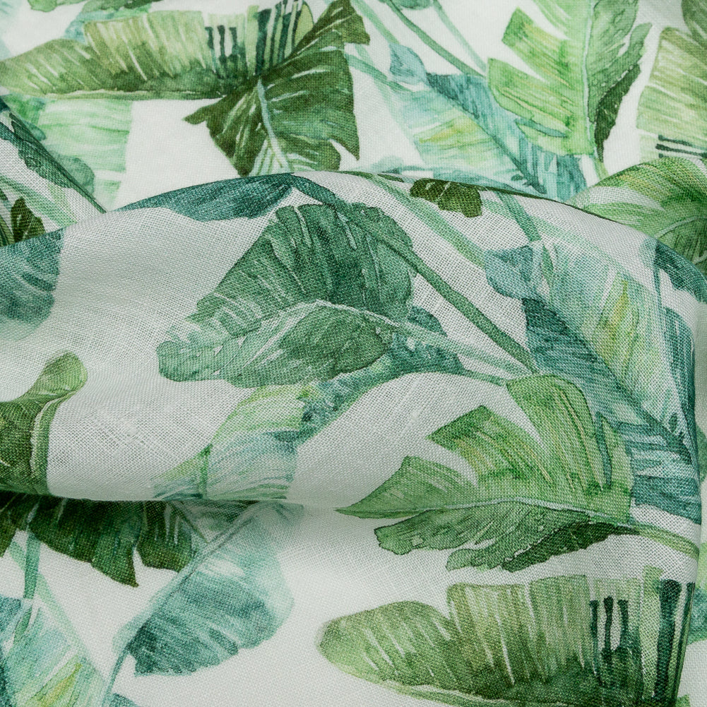 Green Banana and Palm Leaves Printed Ivory Linen Woven - Joann Fabrics