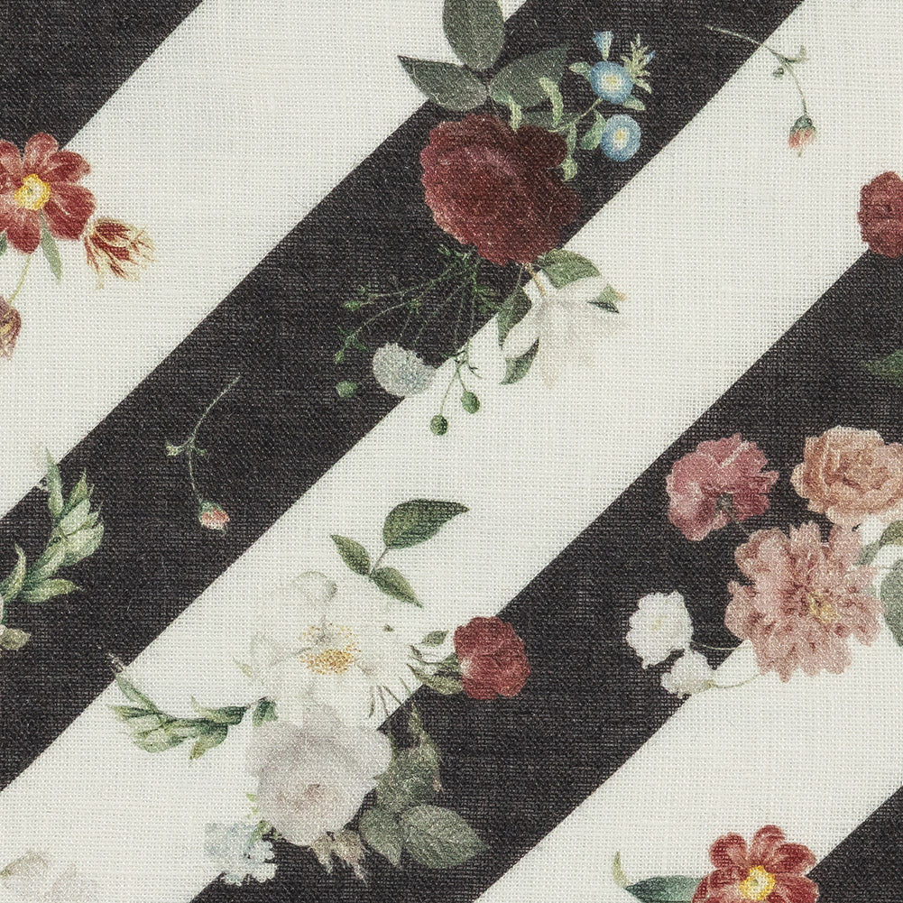 French Garden Flowers over Black and White Regimental Stripes Printed Linen Woven - Joann Fabrics
