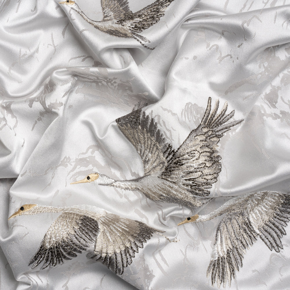 Embroidered Cotton and Polyester Drapery Jacquard - Silver Cranes in the Clouds - British Imported - Joann Fabrics