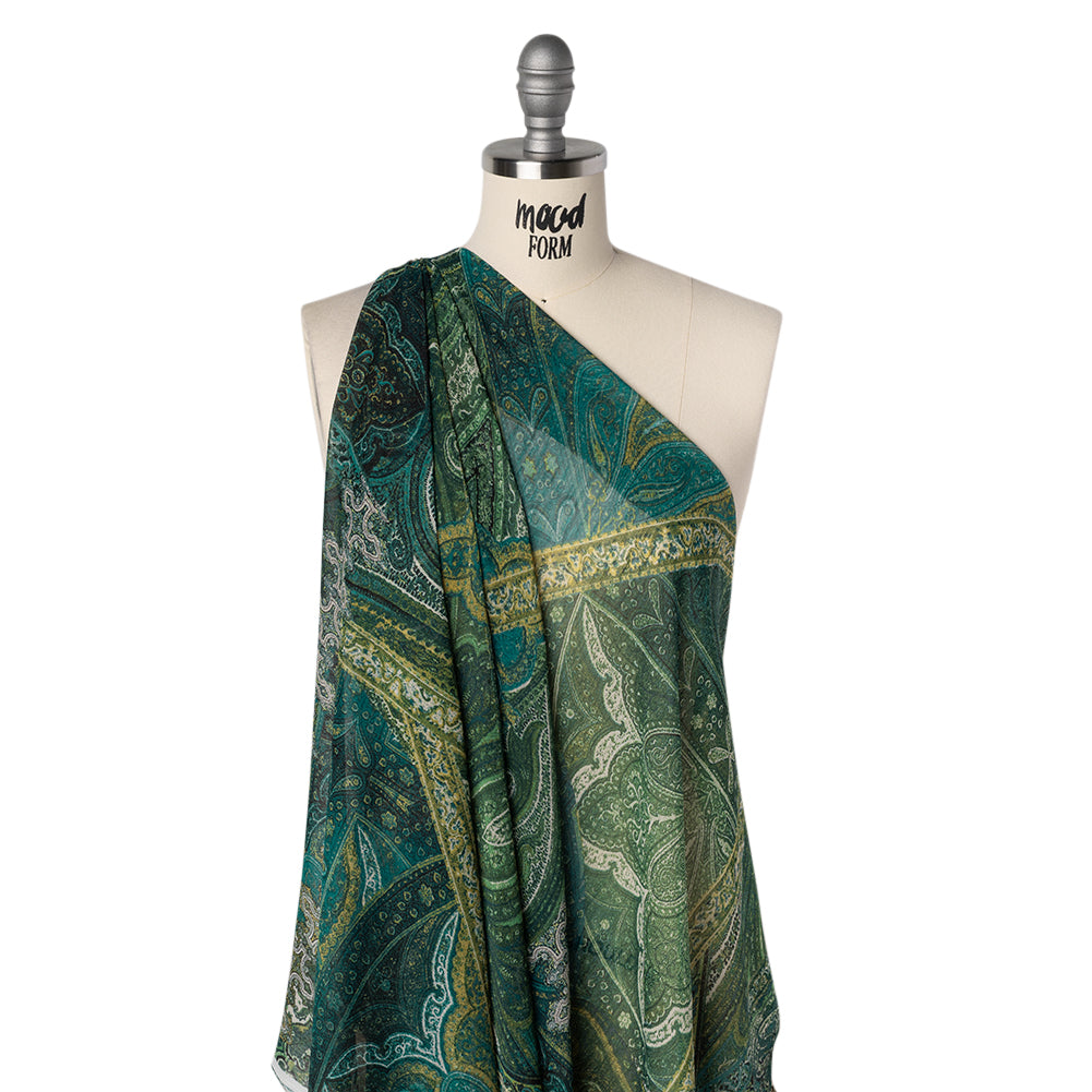 Crinkled Polyester Chiffon Print - Green and Golden Yellow Ornate Paisley Patchwork - Designer Deadstock - Joann Fabrics