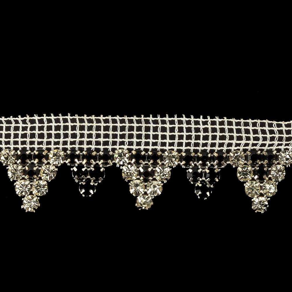 Vintage Czech Crystal and Jet Rhinestones in Silver Settings on White Mesh Trimming - 1.1875