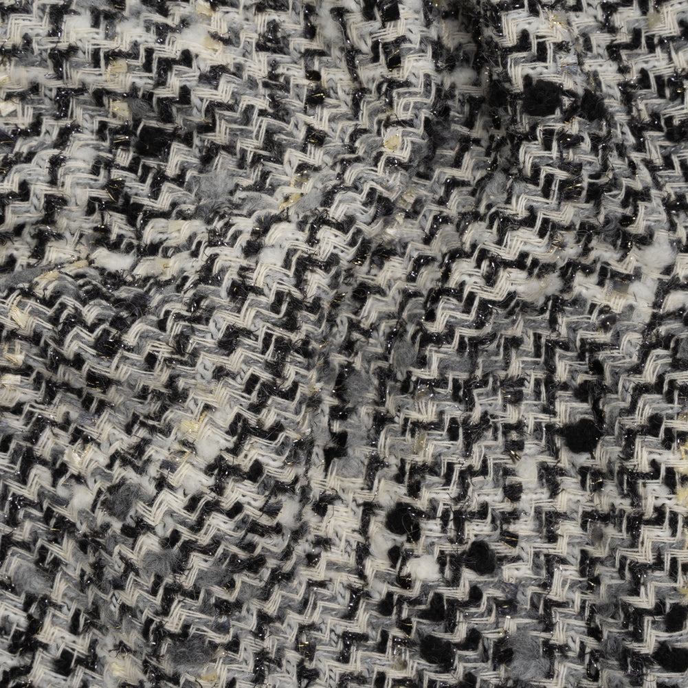 Wool Blend Boucle Tweed with Metallic Eyelash Fringe Made in Italy - Black, White and Gray Plaid - Deadstock - Joann Fabrics