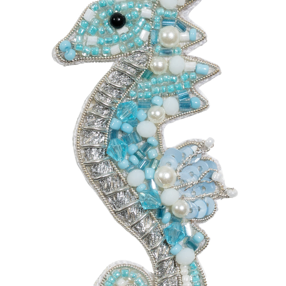 Aqua, Silver and White Baby Seahorse Sequins and Glass Beaded Applique - 3.125