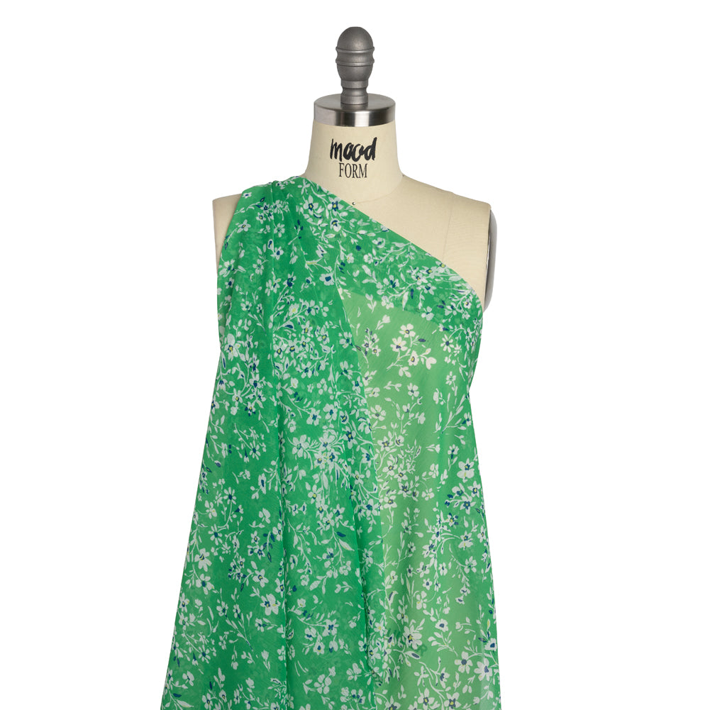 Crinkled Polyester Chiffon - Kelly Green, White and Blue Floral - Designer Deadstock - Joann Fabrics