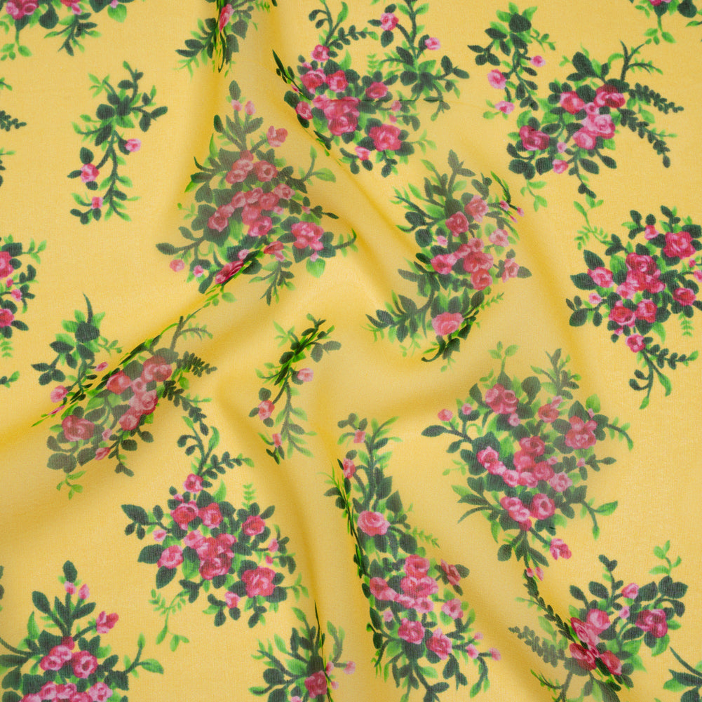 Silk Chiffon Print Made in Italy - Sunny Yellow, Green and Pink Flower Bunches - Deadstock - Joann Fabrics