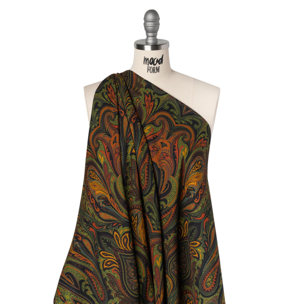 Slubbed Gauzy Cotton Woven - Forest Green, Burnt Orange and Yellow Ochre Paisley - Mood Exclusive Secret Garden Scrolls Print - Joann Fabrics