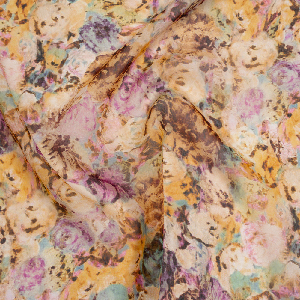 Silk Voile Print Made in Italy - Pink, Yellow and Brown Painterly Flowers - Deadstock - Joann Fabrics