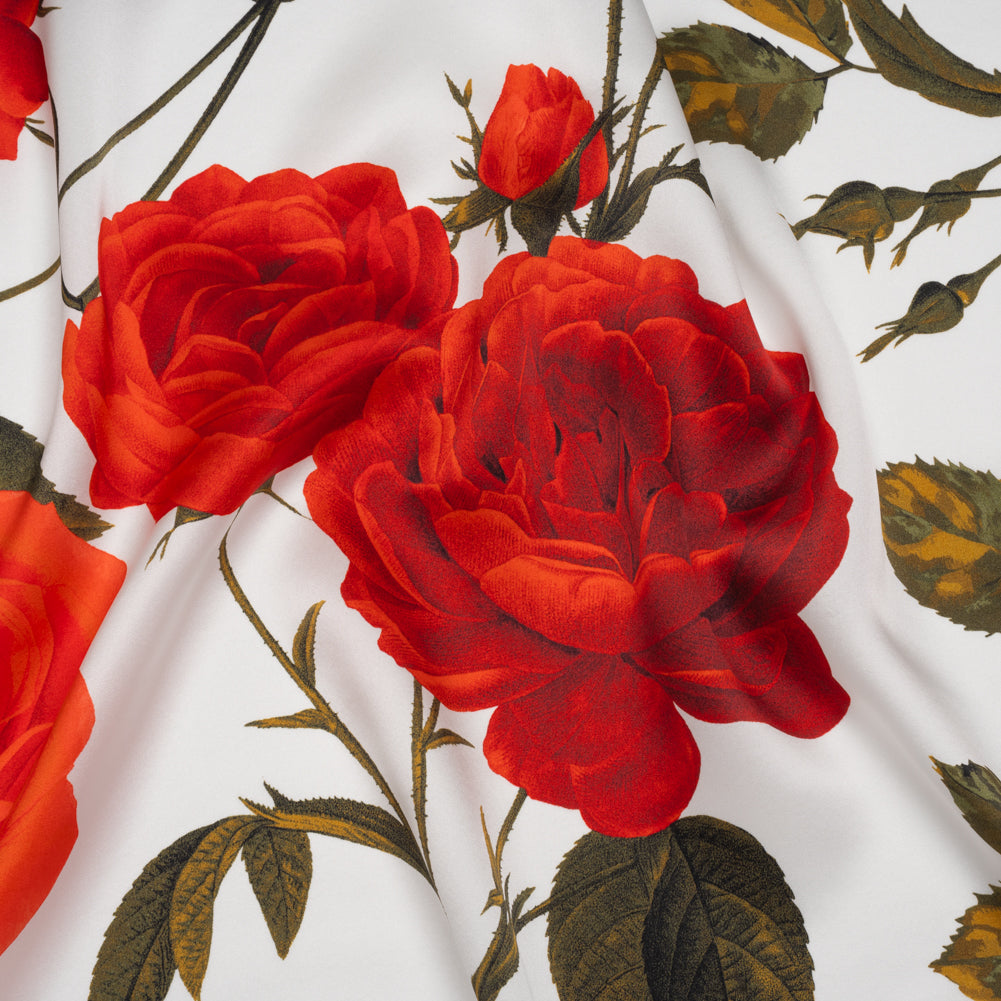 Silk Charmeuse Print 16MM, Made in Italy - White, Red and Olive Green Roses and Stems - Joann Fabrics