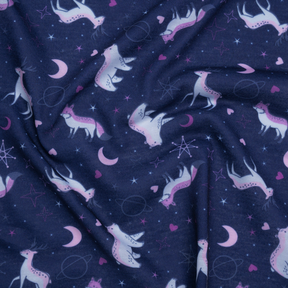 Recycled Polyester Jersey Print - Navy, Purple and White Celestial Animals - Deadstock - Joann Fabrics