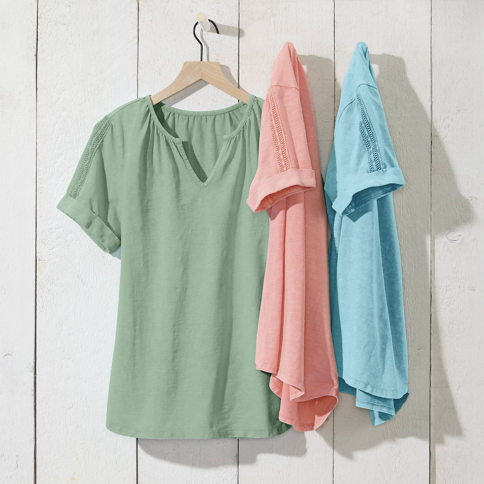 Notched-Neck Vintage-Wash Cotton Top, Short Sleeves, Crochet Detail - Northstyle Catalog