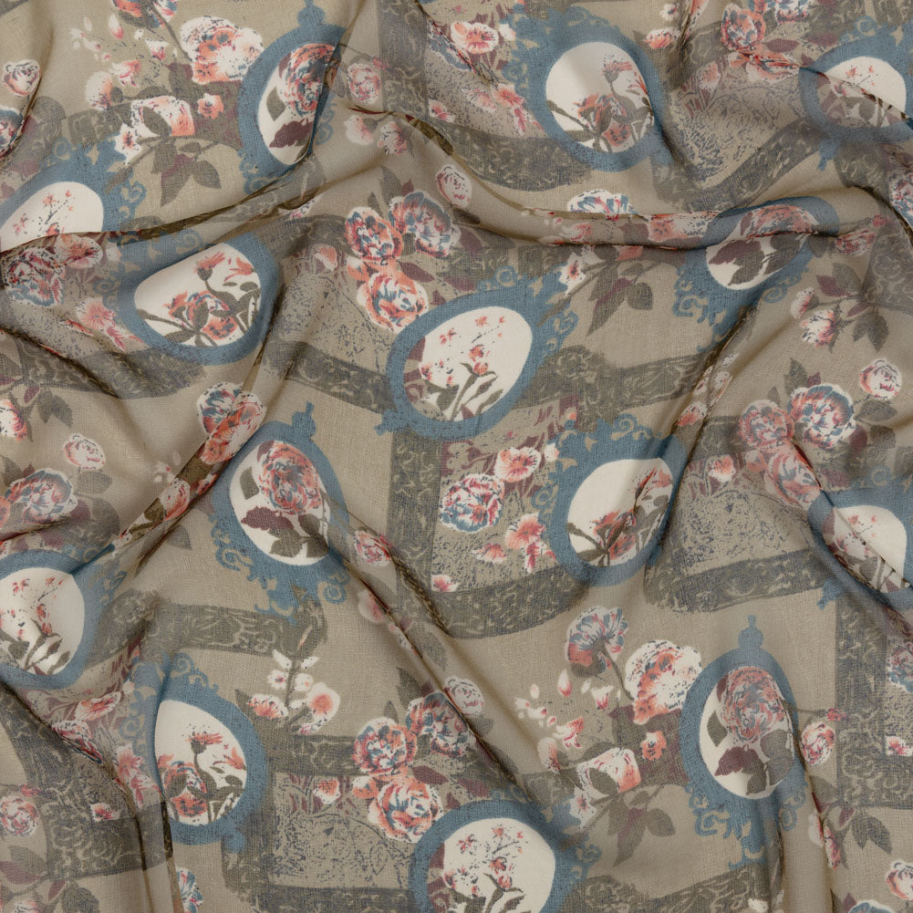 Olive, Blue and Pink Flowers and Frames Silk Chiffon - Joann Fabrics