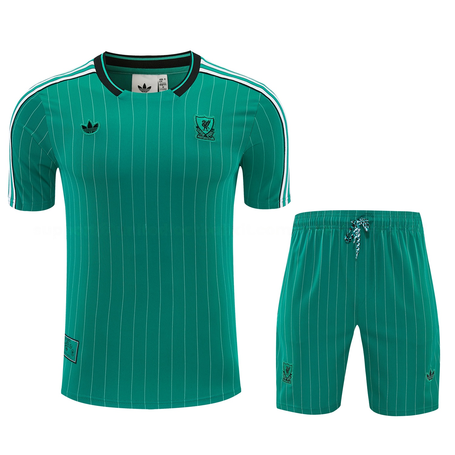 Liver.pool 25-26 Retro Style Short-Sleeve Training Set - Green With White Stripes Top & Pants - UnitedFutballJersey