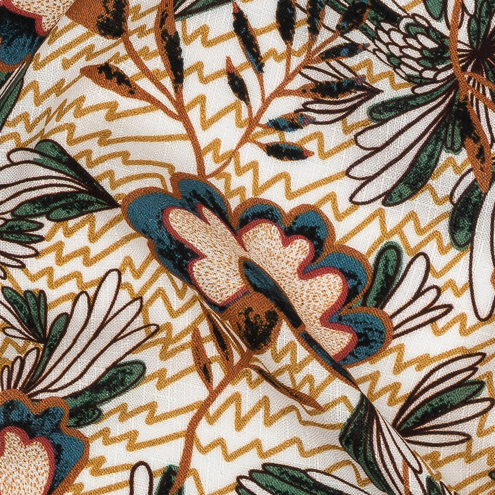 Slubbed Viscose Woven Print - Mustard and Terracotta Floral and Zig Zag - Mood Exclusive Retro Blossoms - Joann Fabrics