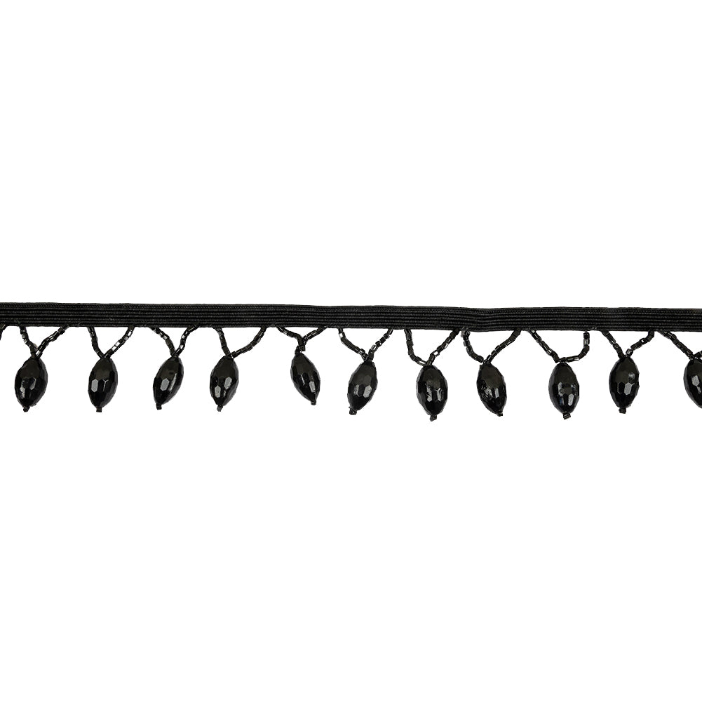 Vintage Black Faceted Lozenge and Seed Beaded Fringe - 1.25