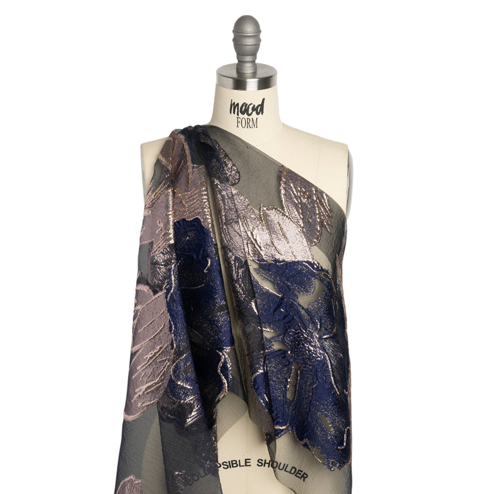 Metallic Rose Gold and Navy Big Florals Luxury Burnout Brocade - Joann Fabrics