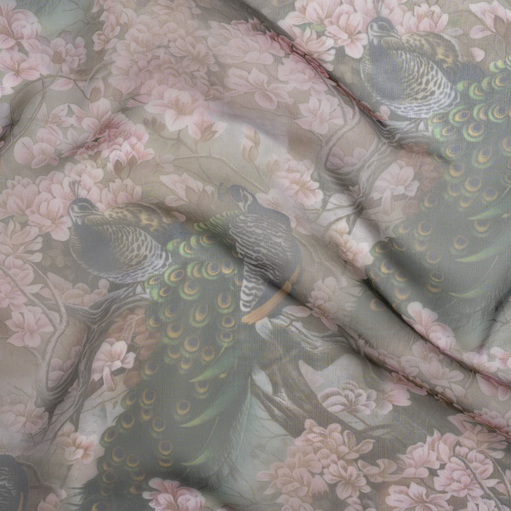 Polyester and Viscose Organza - Pink, Olive Green and Brown Peacocks and Blossoms - Joann Fabrics