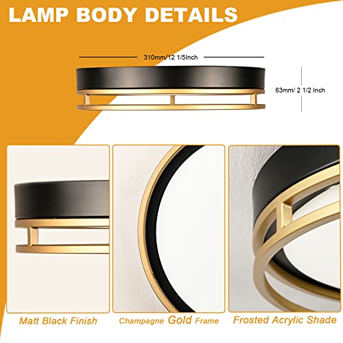12.5-Inch LED Flush Mount Ceiling Light – 26W, 1350 Lumens, 3-Color Selectable (3000K/4000K/5000K), Dimmable, Matte Black With Gold Interior