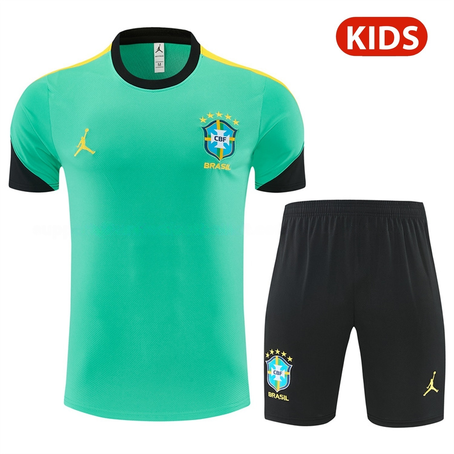 Brazil 2026 Kids Short-Sleeve Training Set - Light Green Top & Black Shorts - UnitedFutballJersey