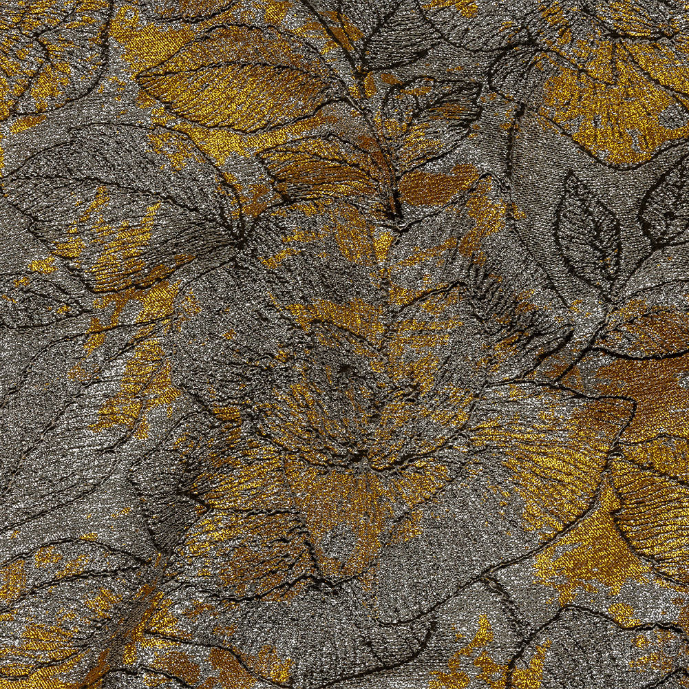 Metallic Silver, Black and Golden Yellow Rose Garden Linework Luxury Brocade - Joann Fabrics