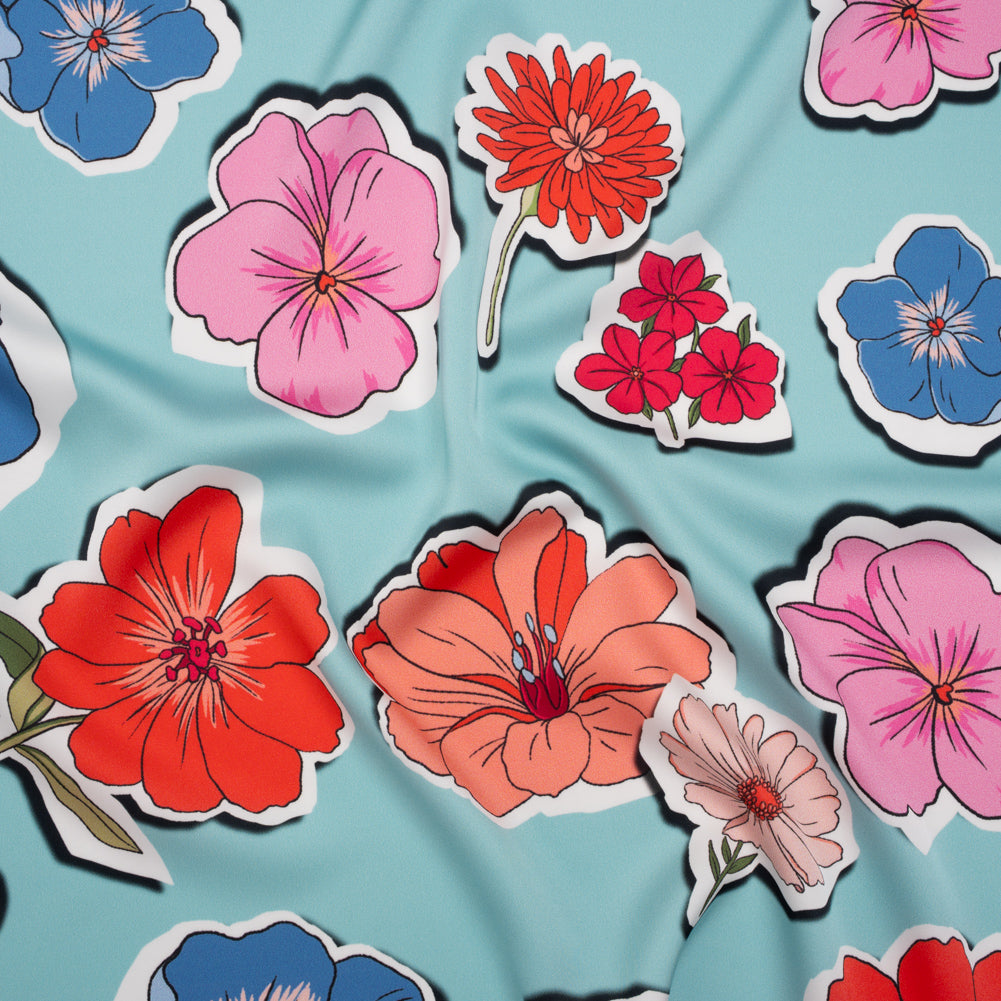 Polyester Satin - Sky Blue, Red and Pink Big Floral Stickers - Mood Exclusive Sticker Garden Print - Joann Fabrics