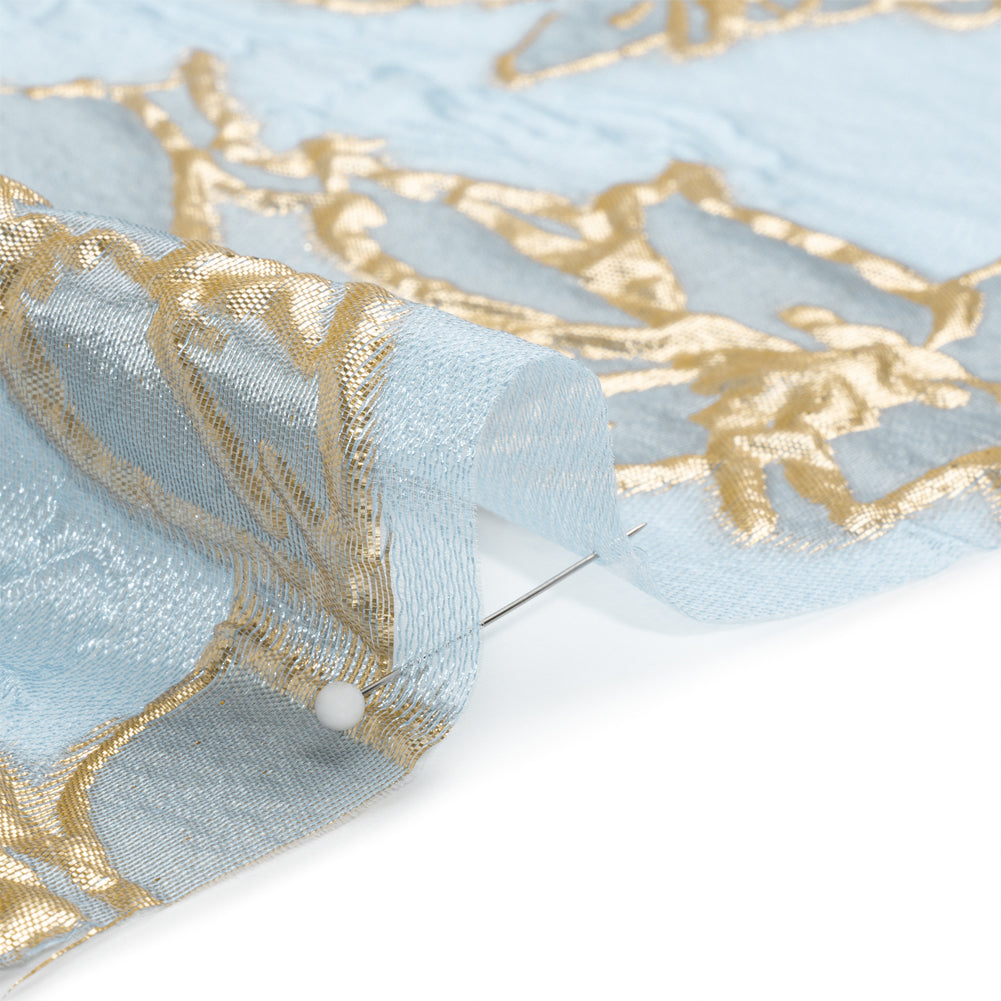 Metallic Gold and Sky Blue Floating Flowers Luxury Burnout Brocade - Joann Fabrics