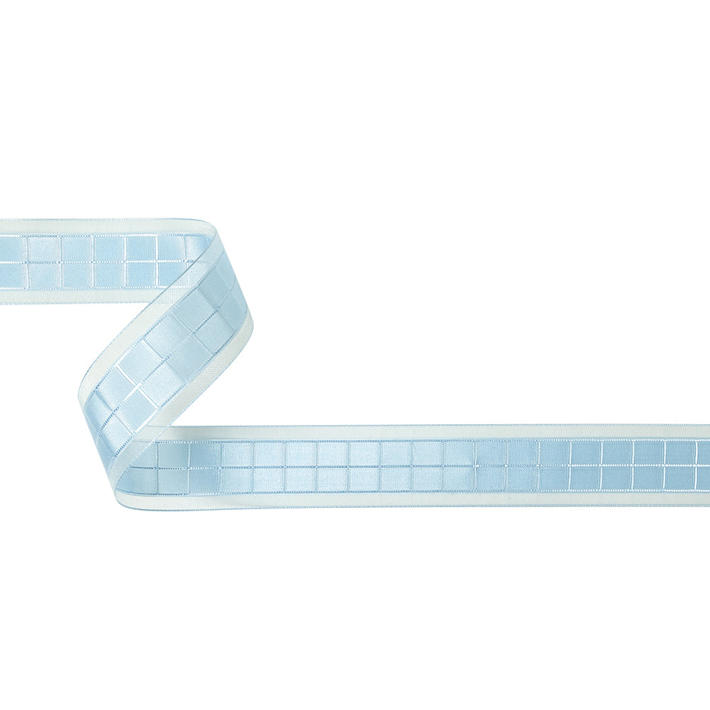 Baby Blue Windowpane Checks and Sheer Borders Woven Ribbon - 1