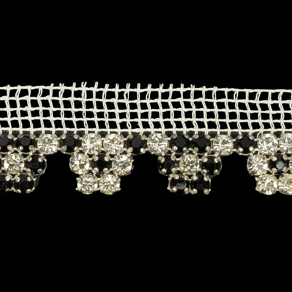 Vintage Czech Jet and Crystal Floral Rhinestones on White Mesh Fringe Trimming - 1