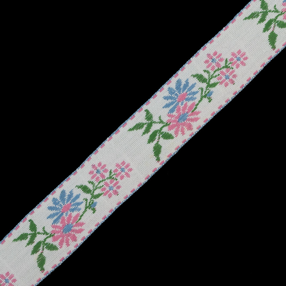 Pink and Blue Floral German Jacquard Ribbon - 0.875