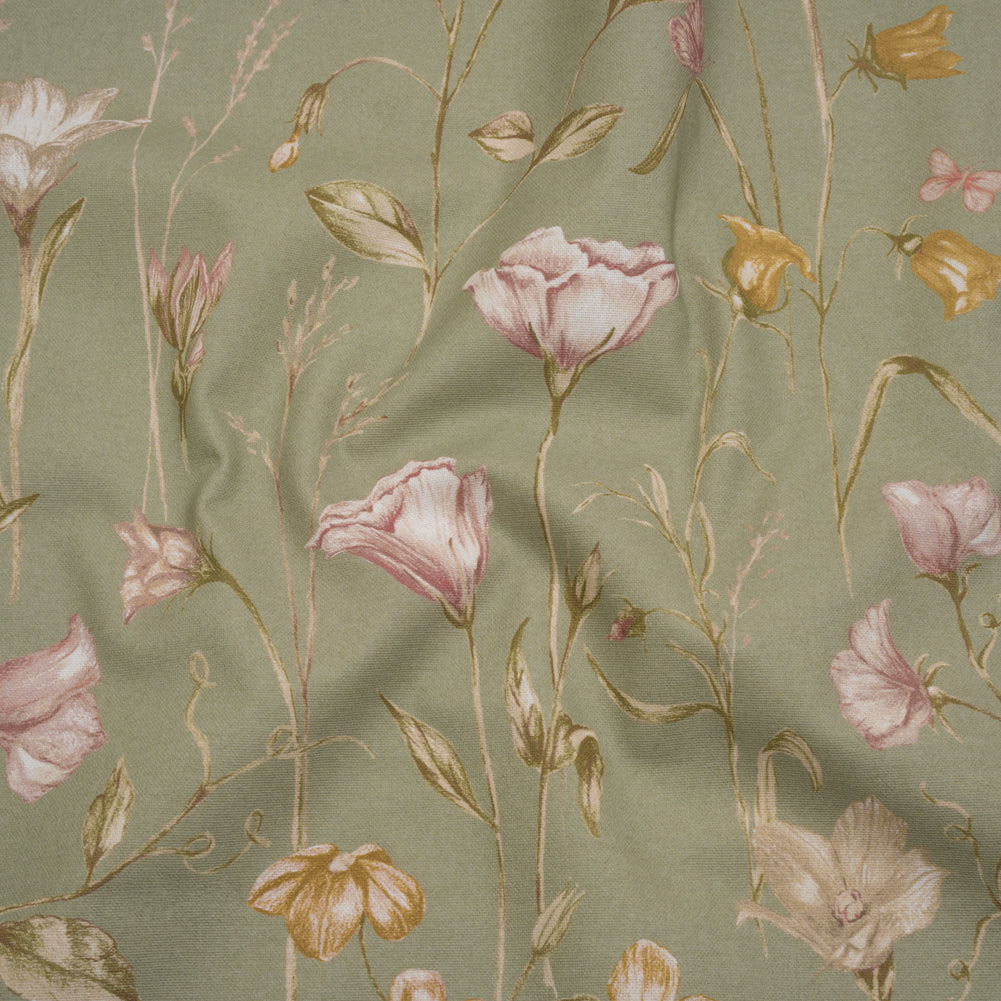 Printed Cotton Canvas - Sage Flowering Stems and Butterflies - British Imported - Joann Fabrics