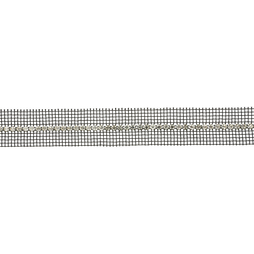 Vintage Crystal Single Row Rhinestone Trim on Black Mesh - 1.25
