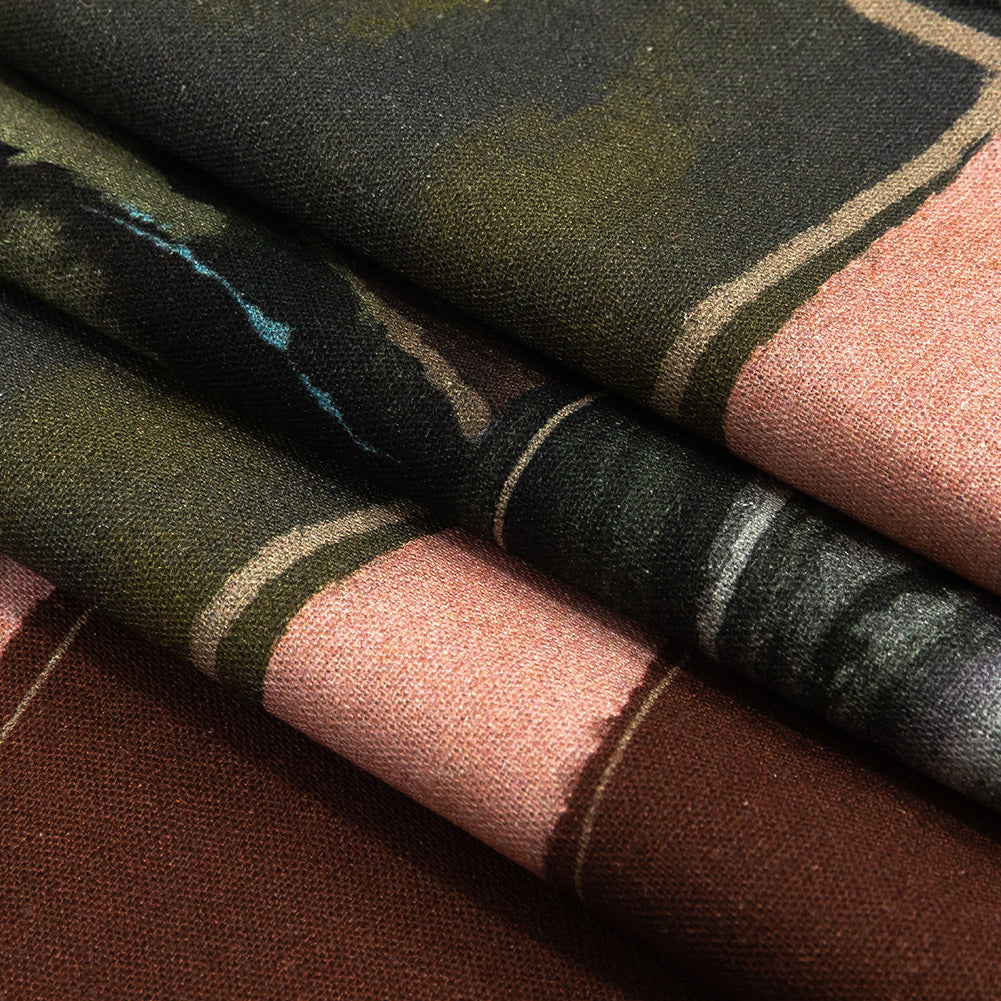 Linen and Rayon Woven - Rust, Olive and Ochre Geometric Abstract - Distorted Dimensions Print - Mood Exclusive Tumunyana Collection - Joann Fabrics