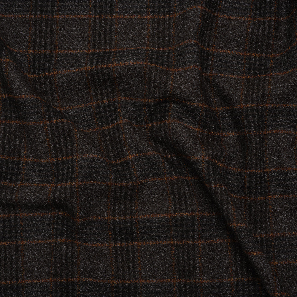 Wool and Silk Tweedy Lightweight Coating Made in Italy - Black, Gray and Burnt Orange Plaid - Deadstock - Joann Fabrics