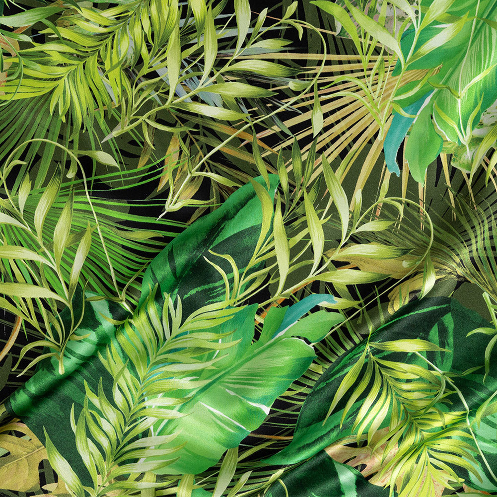 Mood Exclusive Italian Green and Black Ferns and Foliage Digitally Printed Silk Charmeuse - Joann Fabrics