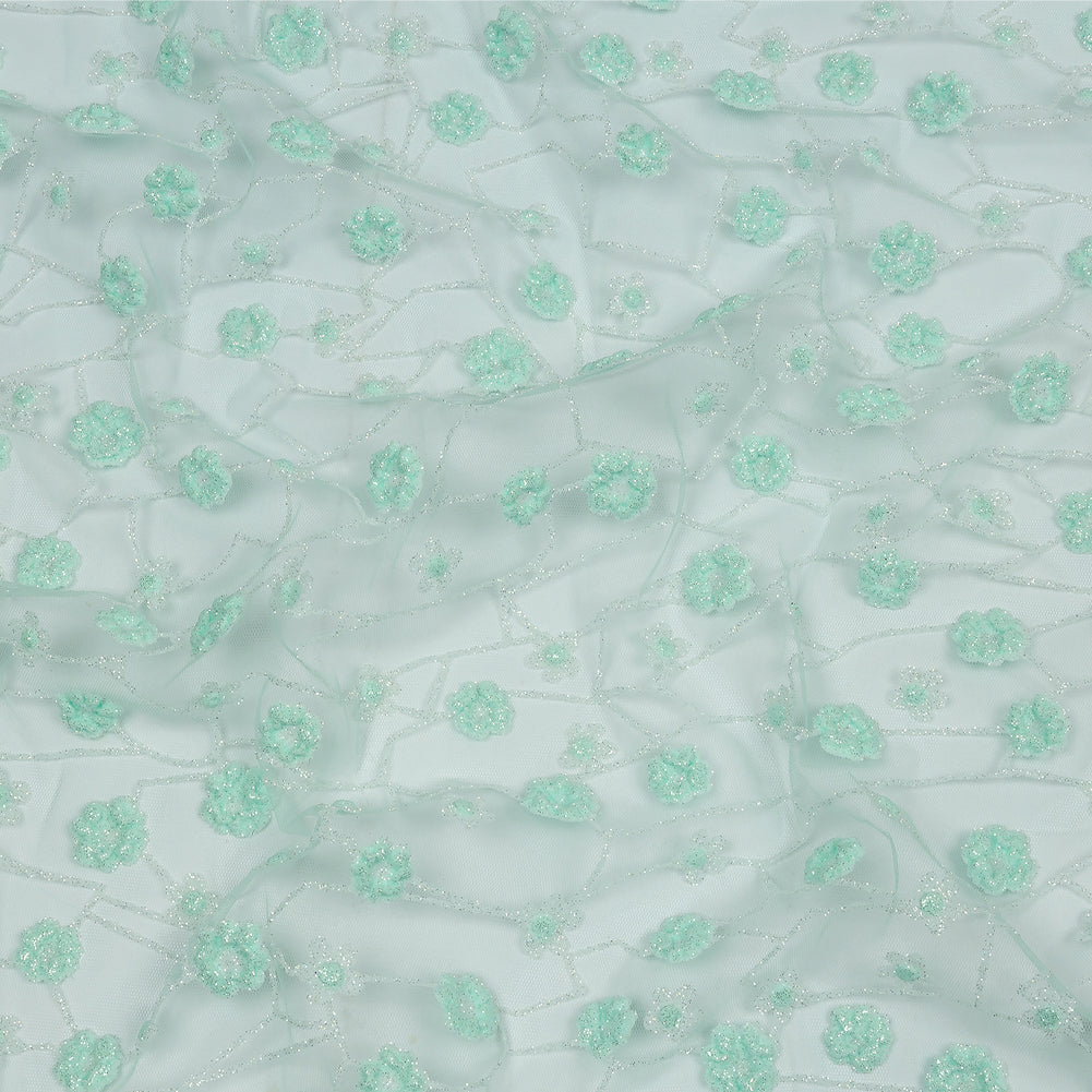 3D Puffy Glitter Tulle - Mint and White Flowers and Geometric Stems - Joann Fabrics