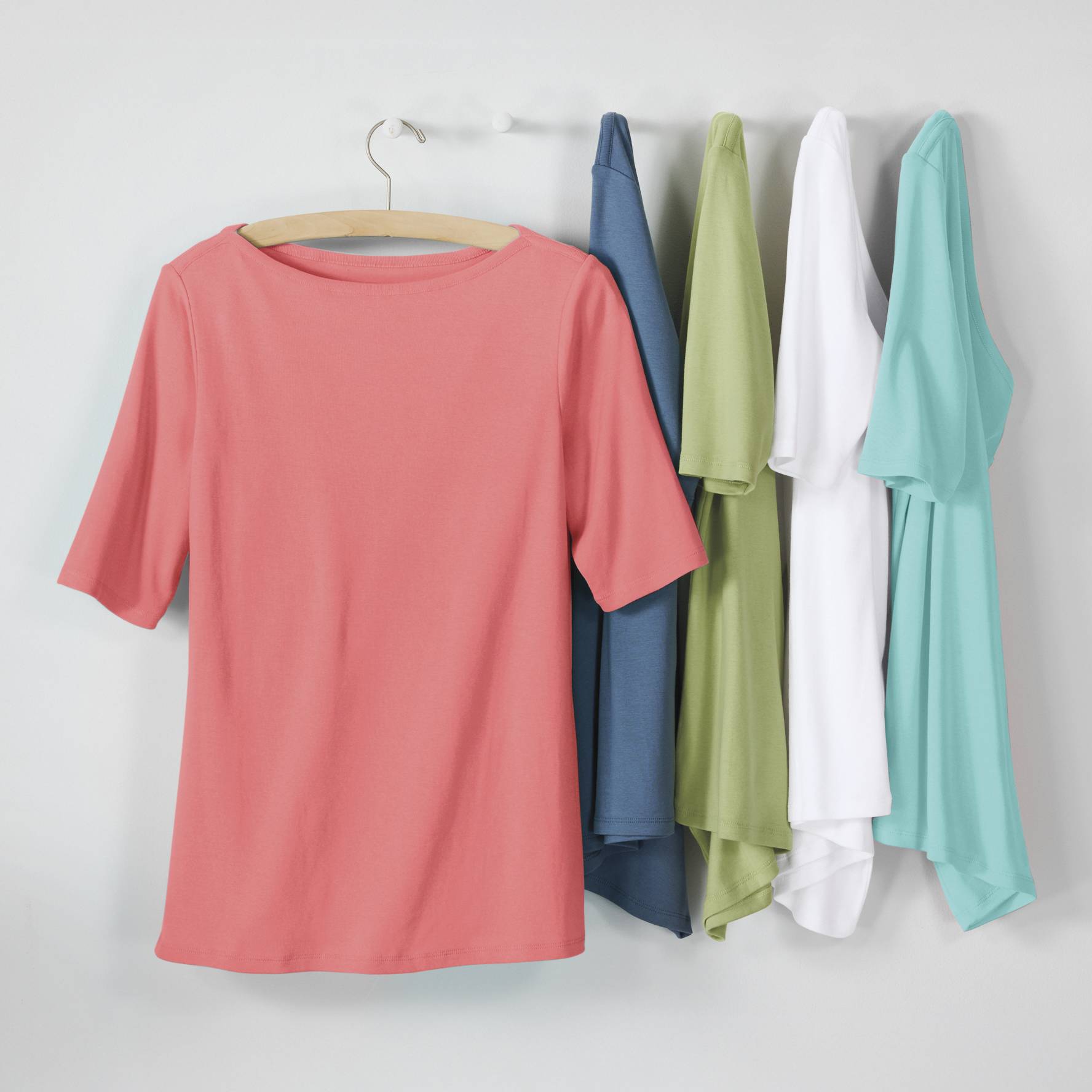 Supima Cotton Bateau-Neck Ribknit Top, Elbow Sleeves - Northstyle Catalog