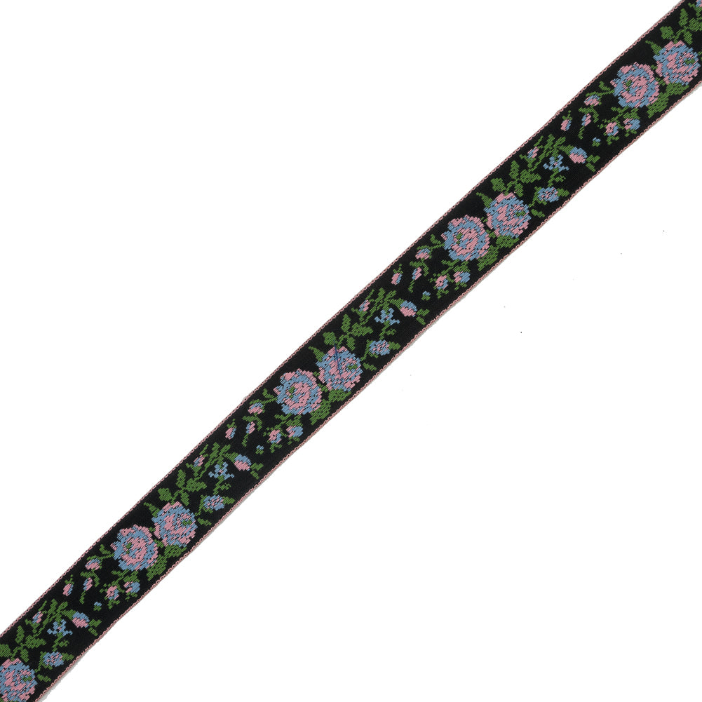Black and Pink Floral German Jacquard Ribbon - 0.875