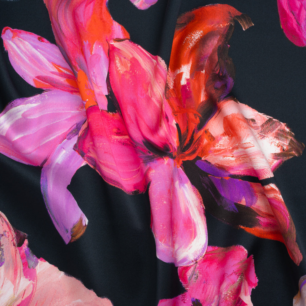 Silk Charmeuse Print 16MM, Made in Italy - Navy, Purple and Pink Painterly Flowers - Joann Fabrics