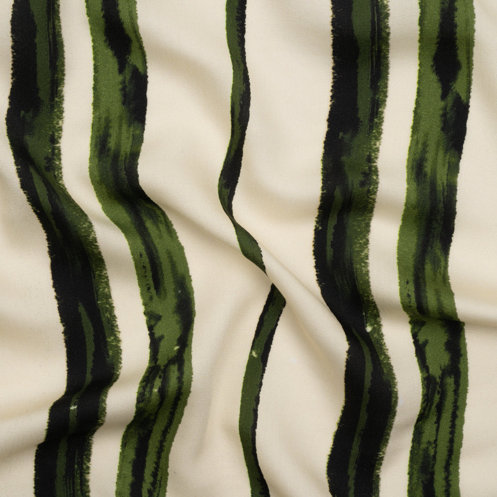 Rayon Challis - Cream and Green Painted Stripes - Verdant Trail Print - Mood Exclusive Acadia Collection - Joann Fabrics