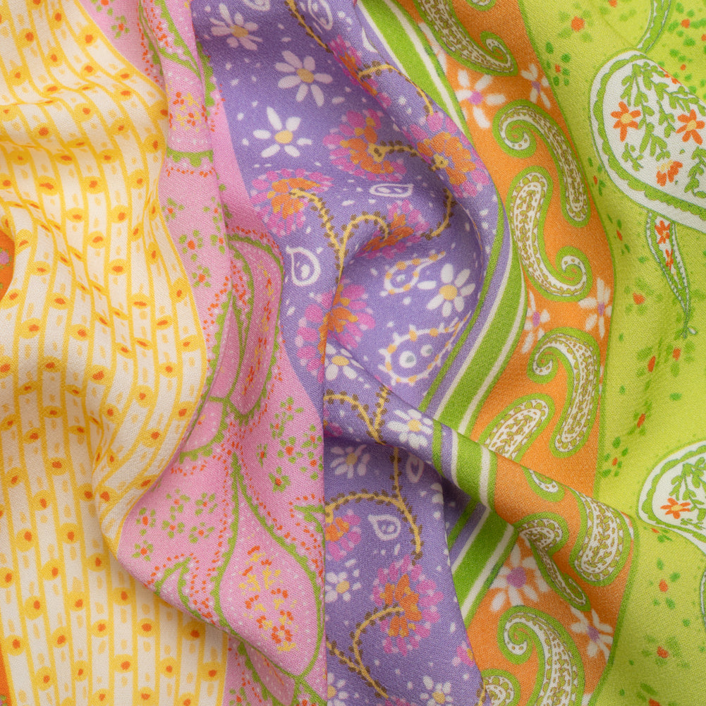 Viscose Crepe Print - Purple, Lime Green and Orange Floral and Paisley Stripes - Mood Exclusive Lessons in Lilac - Joann Fabrics