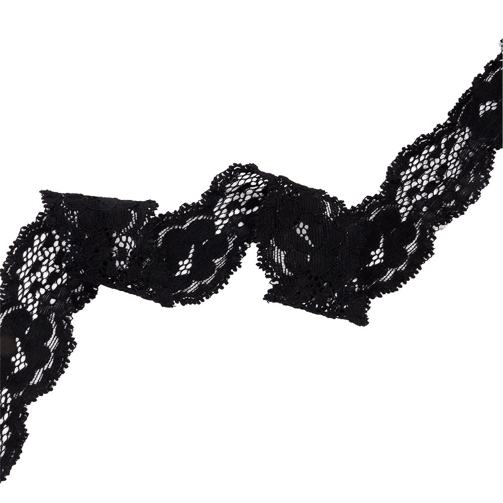Black Floral and Scalloped Stretch Corded Lace Trim - 1.25