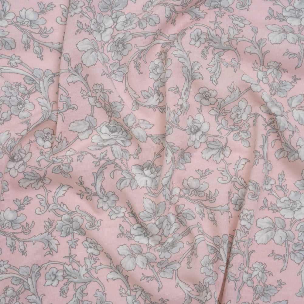 Cotton and Viscose Jersey Print - Light Pink, Ivory and Gray Rose Vines - Deadstock - Joann Fabrics