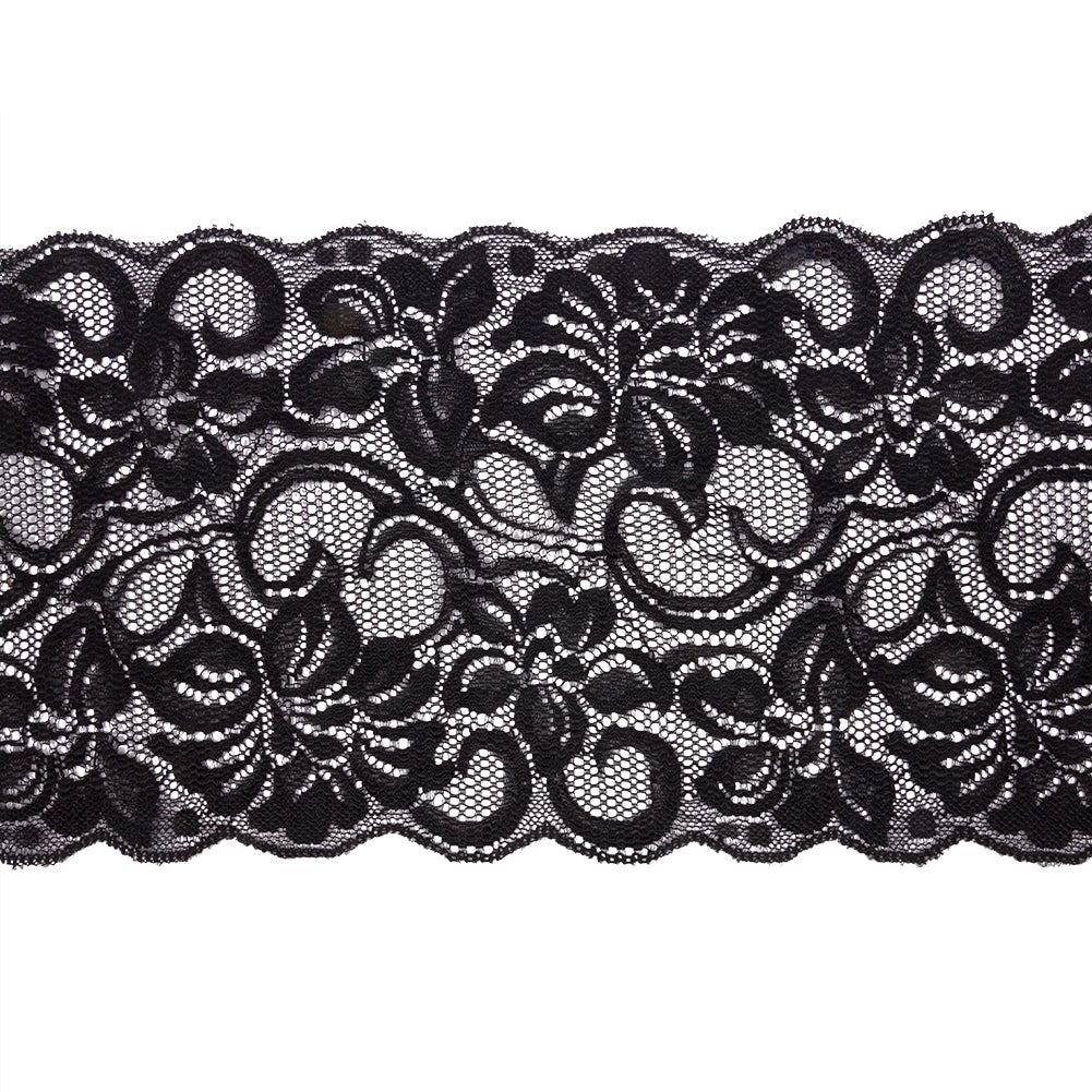 Black Floral Stretch Lace with Scalloped Edges - 6