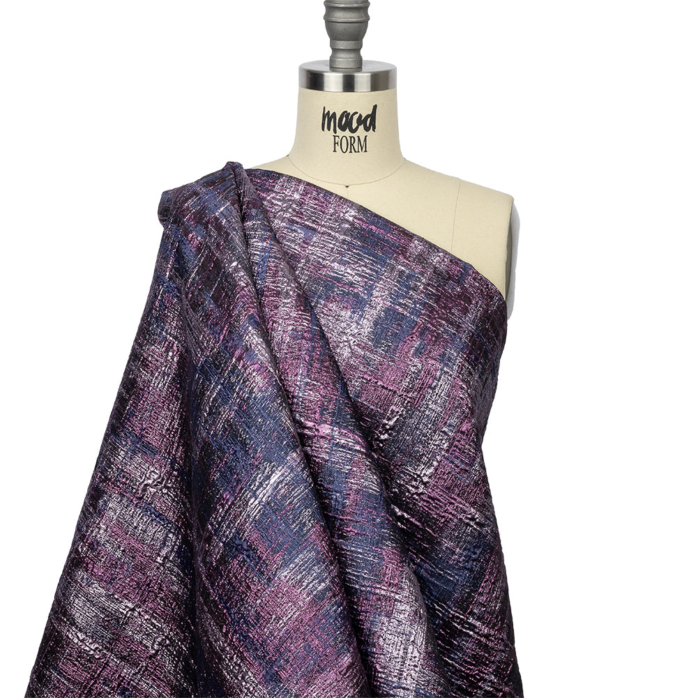 Metallic Orchid, Plum and Navy Distressed Plaid Luxury Brocade - Joann Fabrics