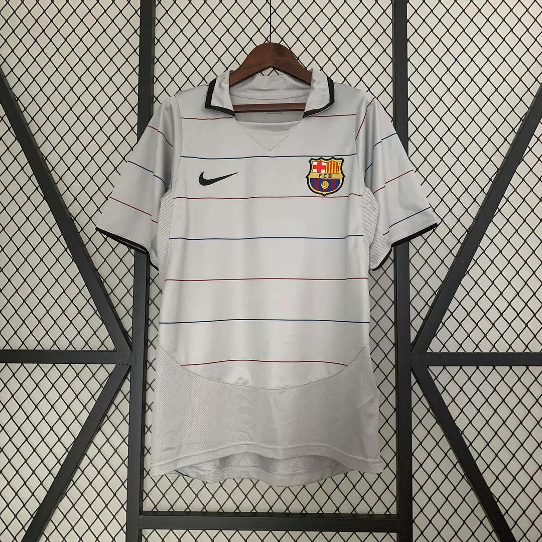 2003/04-labelled light grey Barcelona away shirt with fine horizontal chest lines