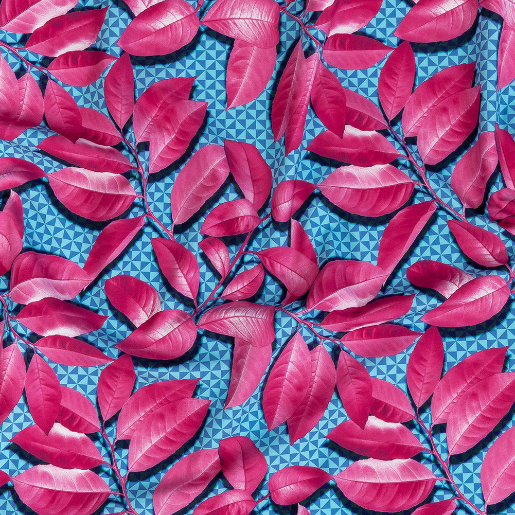 Compression Swimwear Tricot, UV Protective with Aloe Vera Microcapsules - Pink Leaves and Blue Geometric - Caye Collection - Joann Fabrics