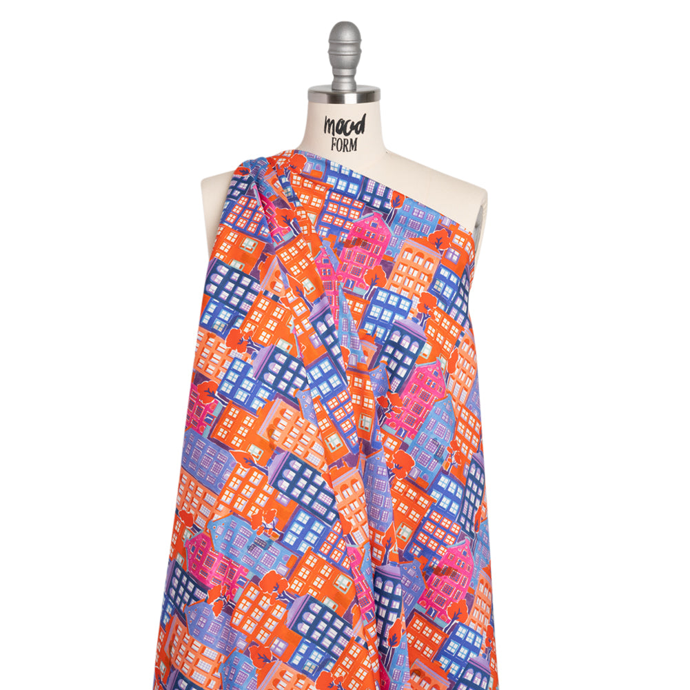 Stretch Cotton Sateen - Purple, Orange and Blue Houses - Sunlit City Print - Mood Exclusive Chariot Collection - Joann Fabrics